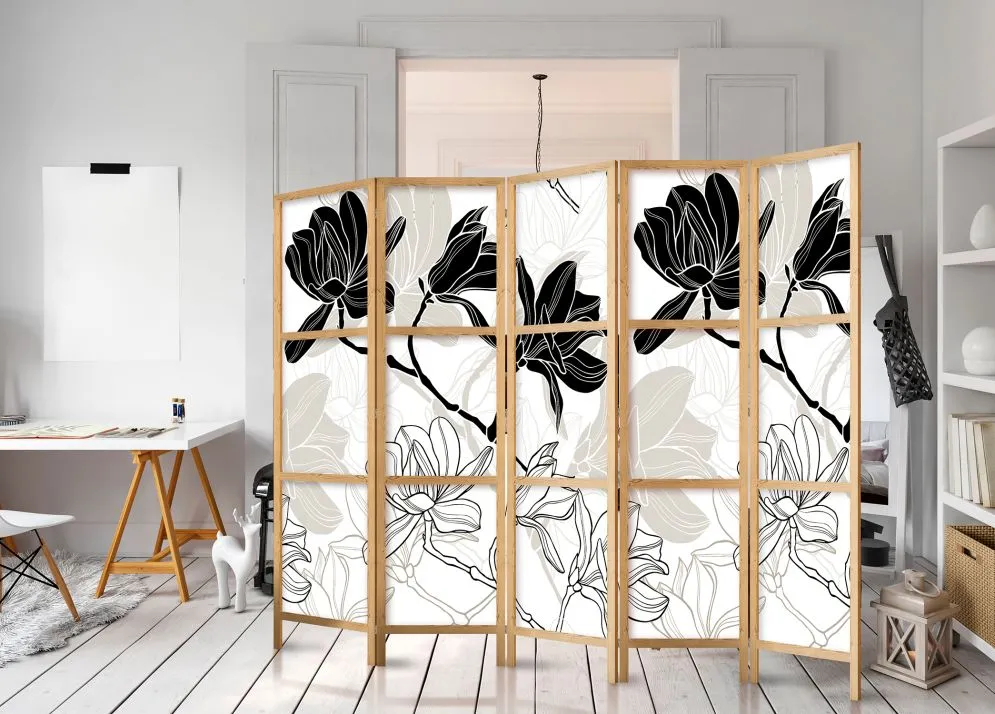 Parawan japoński Kwiaty 225x172 cm 5-częściowy czarny | MIRAT.