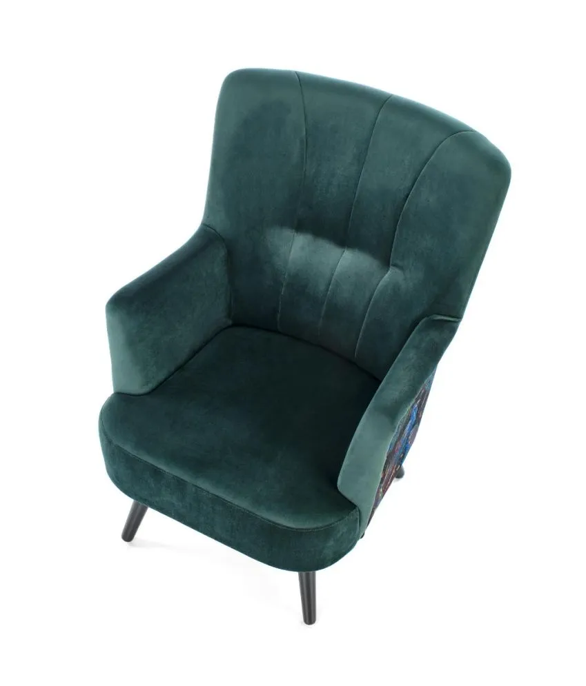 Fotel do salonu PAGONI VELVET ciemnozielony na drewnianych nogach | MIRAT. styl LOFT