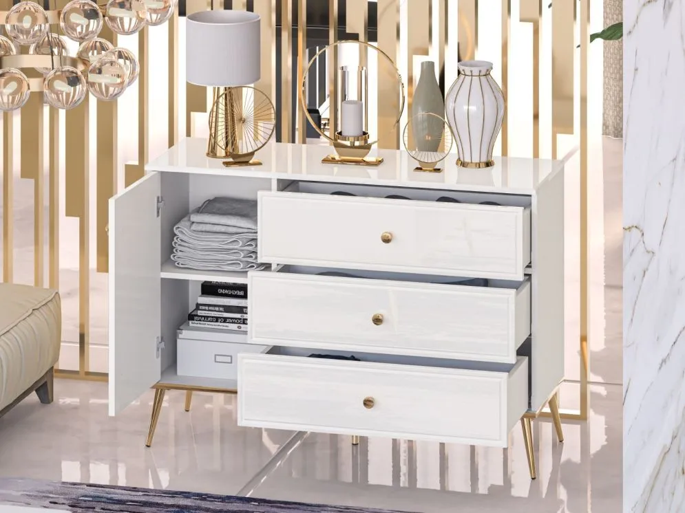 Komoda GALENA 1D3S biały połysk elegancka w stylu glamour I sklep meblowy MIRAT. styl GLAMOUR kolekcja GALENA