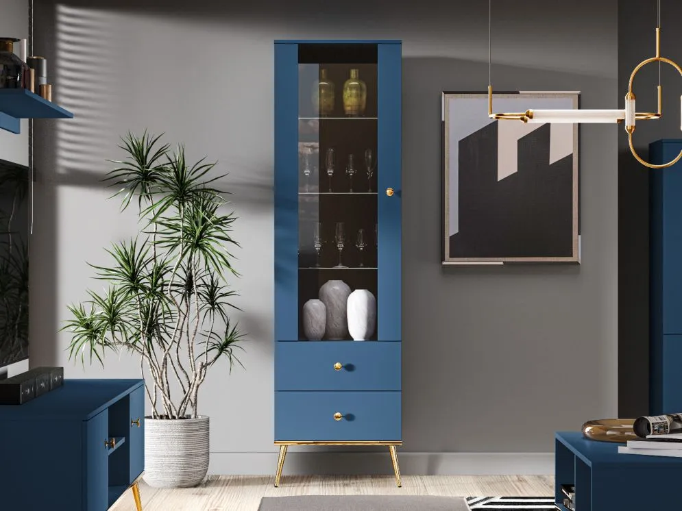 Witryna wysoka BLU granatowa z opcją podświetlenia LED I sklep meblowy MIRAT. styl GLAMOUR