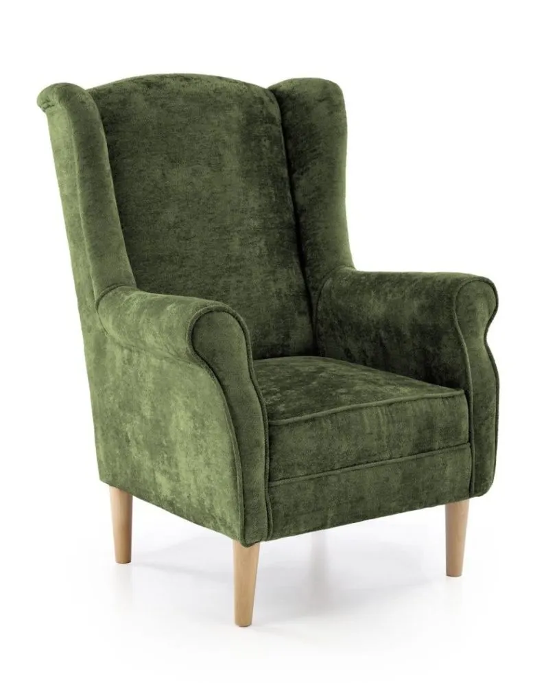 Fotel uszak HERMES oliwkowy na drewnianych nogach I sklep meblowy MIRAT.