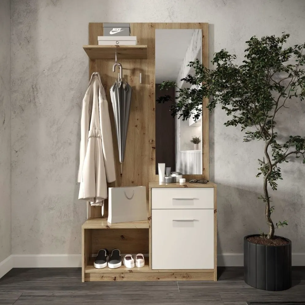 Garderoba do przedpokoju PERGO dąb artisan/kaszmirowa z lustrem I sklep meblowy MIRAT.