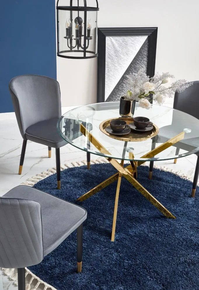 Stół RAYMOND 100x100 złoty okrągły ze szklanym blatem | MIRAT. w stylu GLAMOUR kolekcja