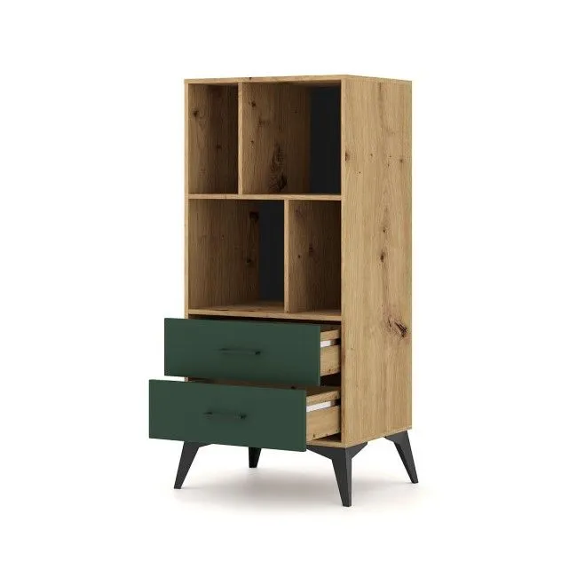 Wysoki regał LUGO 2S 60cm dąb artisan/zielony mat | sklep MIRAT styl RYFLOWANY, SKANDYNAWSKI kolekcja WM-LUGO