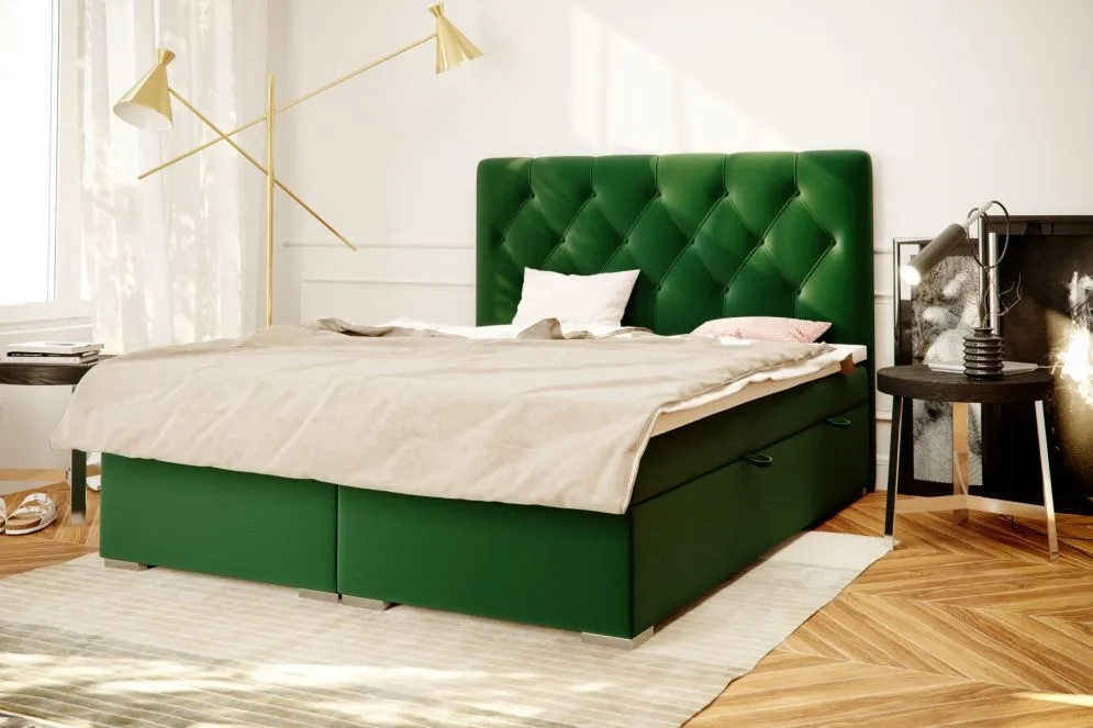 Łóżko kontynentalne INTENSO 140 zielone velvet z pojemnikiem do sypialni | MIRAT. styl GLAMOUR