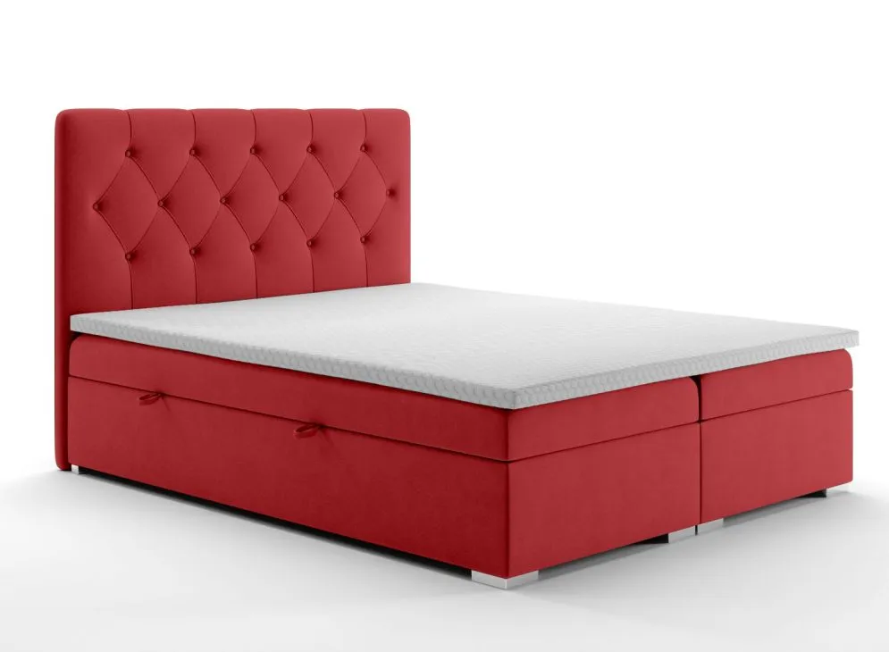 Łóżko kontynentalne INTENSO 160 bordowe velvet z pojemnikiem i materacem | MIRAT. styl GLAMOUR