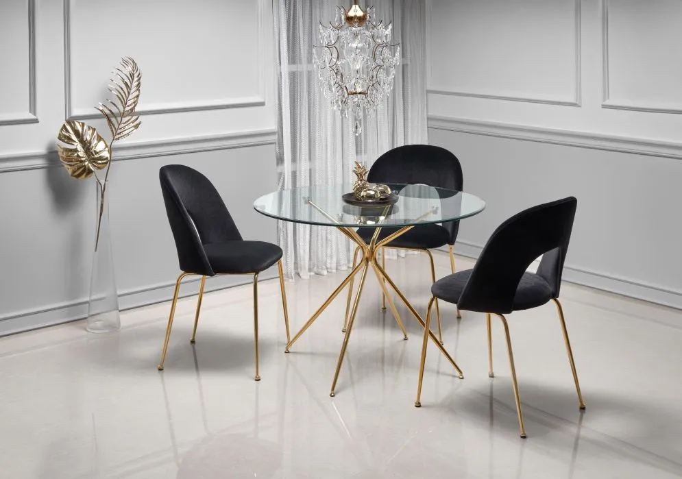 Nietypowe czarne krzesło na złotych nogach w stylu glamour K385 Velvet