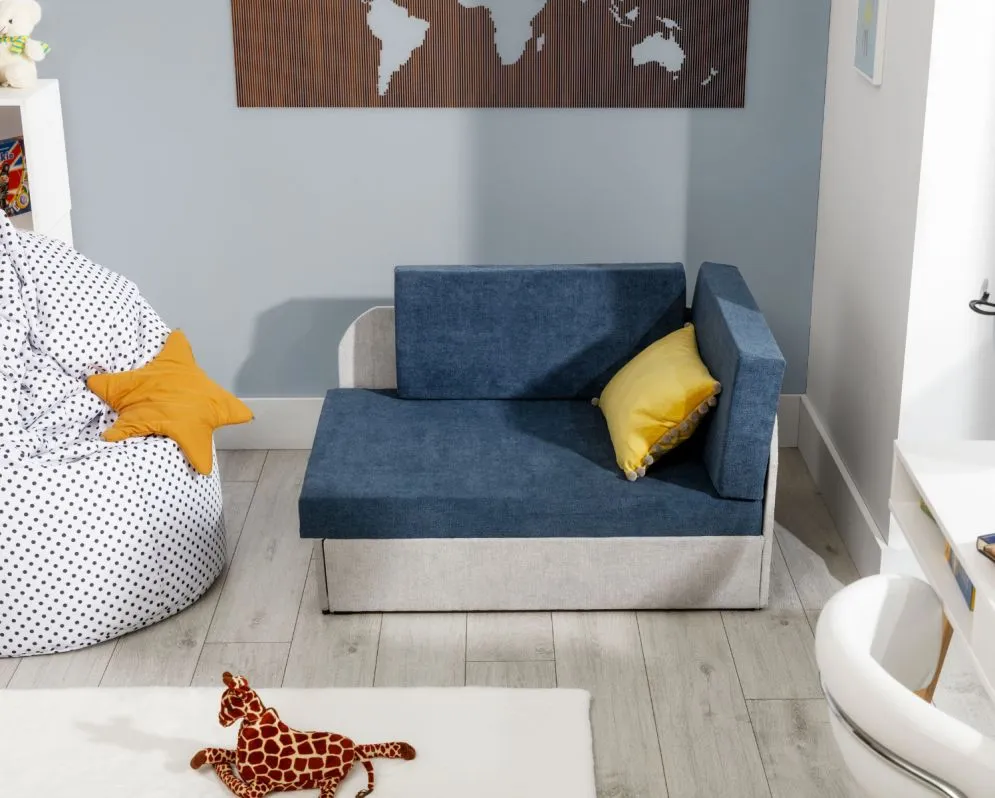 Sofa rozkładana z funkcją spania ROSA szara/niebieska z pojemnikiem | MIRAT.