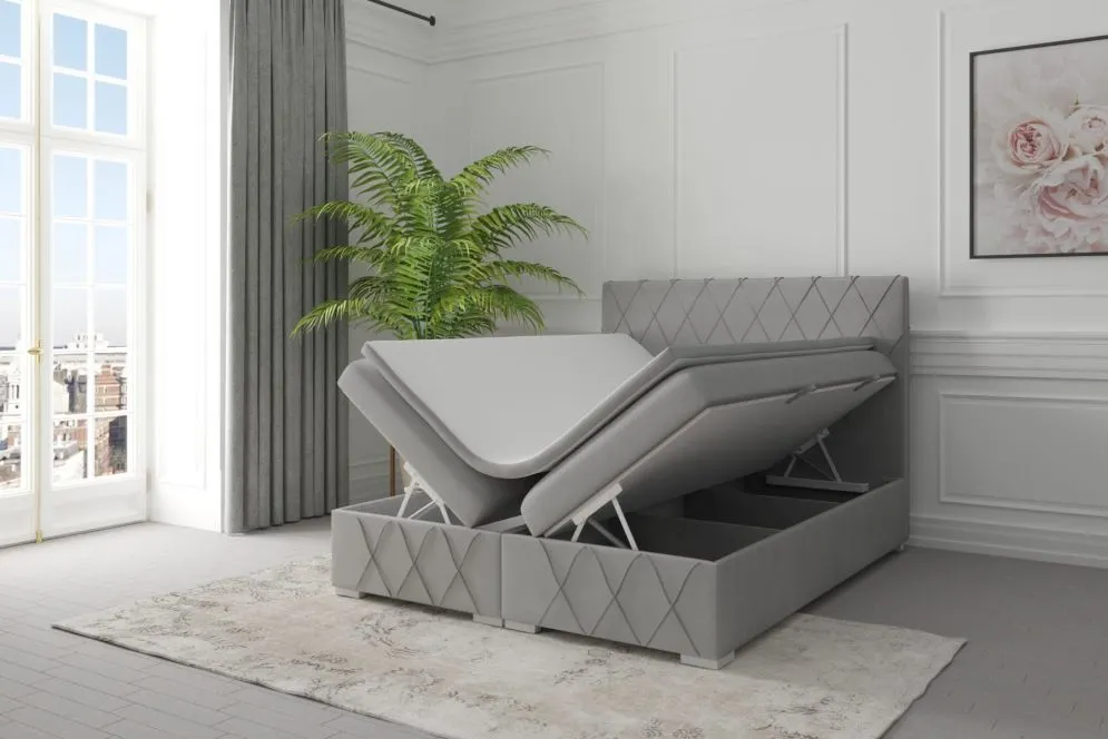 Łóżko kontynentalne AVELA 160 jasno szare velvet z pojemnikiem do sypialni | MIRAT. styl GLAMOUR