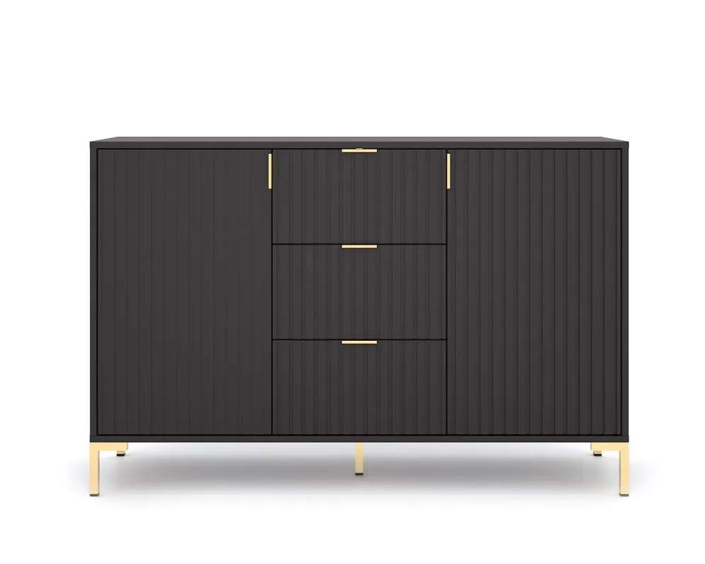 Komoda FLINN 2D3S 130 czarna mat z szufladami I sklep meblowy MIRAT. styl GLAMOUR, LOFT, RYFLOWANY kolekcja WM-FLINN