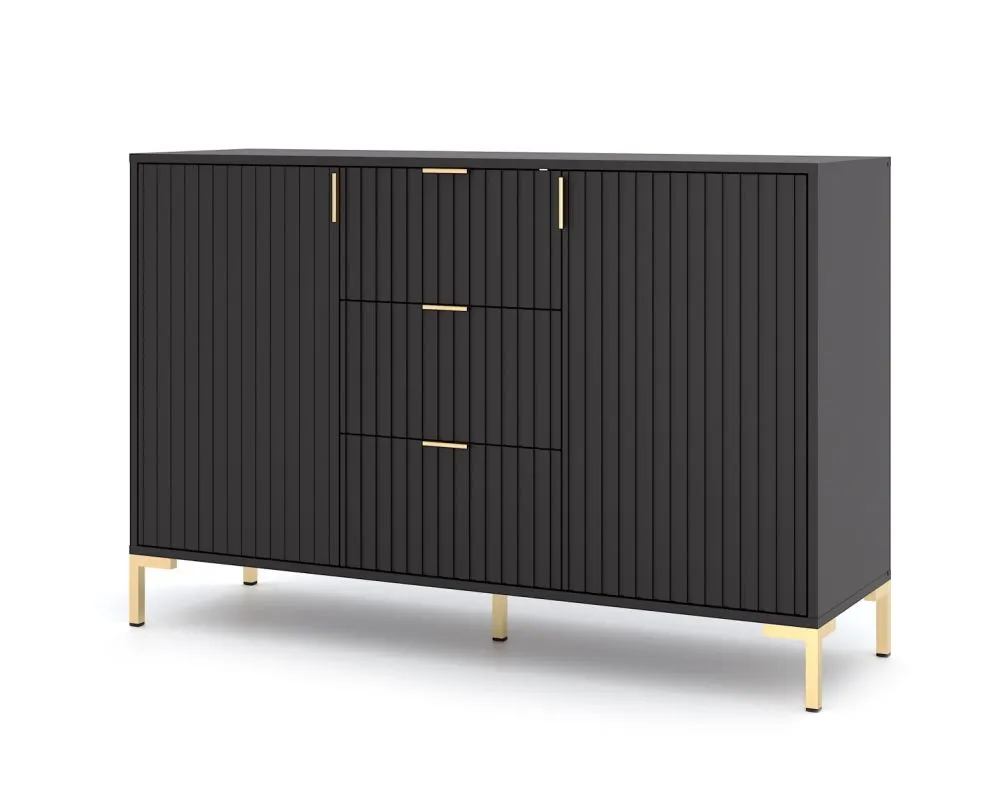 Komoda FLINN 2D3S 130 czarna mat z szufladami I sklep meblowy MIRAT. styl GLAMOUR, LOFT, RYFLOWANY kolekcja WM-FLINN