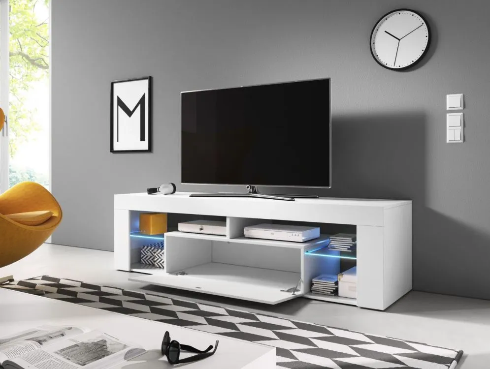 Szafka RTV EVEREST 140cm biały mat/biały połysk z oświetleniem LED | sklep MIRAT styl SKANDYNAWSKI