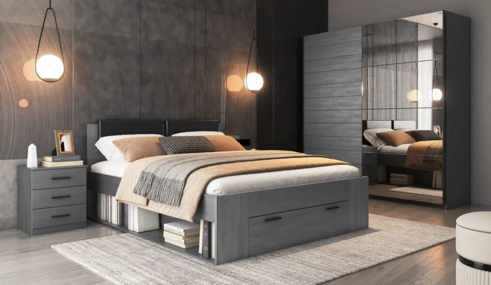 Duże łóżko GALAXY 180x200 dąb carbon z szufladą i tapicerowanym zagłowiem I sklep meblowy MIRAT. styl LOFT
