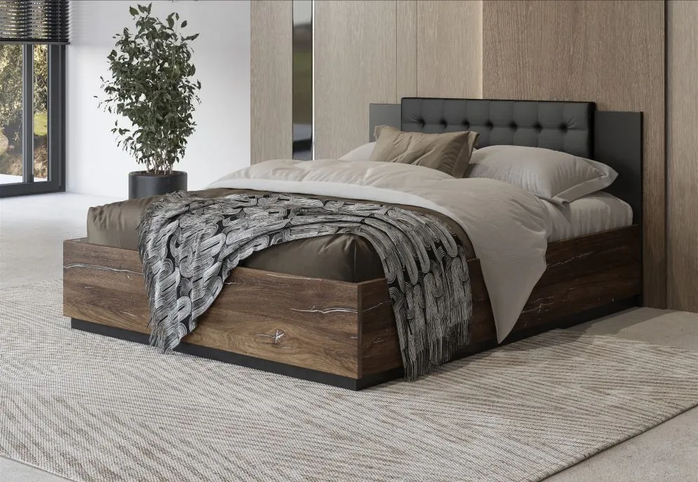 Łóżko SIGMA 140x200 dąb flagstaff srebrny/czarny mat z tapicerowanym zagłówkiem I sklep meblowy MIRAT. styl LOFT, SKANDYNAWSKI