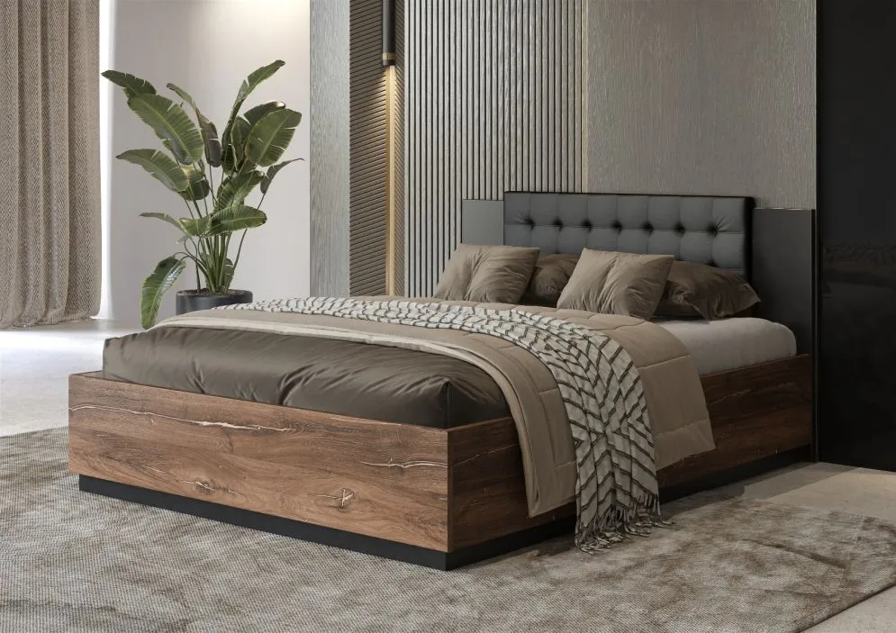 Łóżko SIGMA 140x200 dąb flagstaff miedziany/czarny mat z pojemnikiem I sklep meblowy MIRAT. styl LOFT, SKANDYNAWSKI