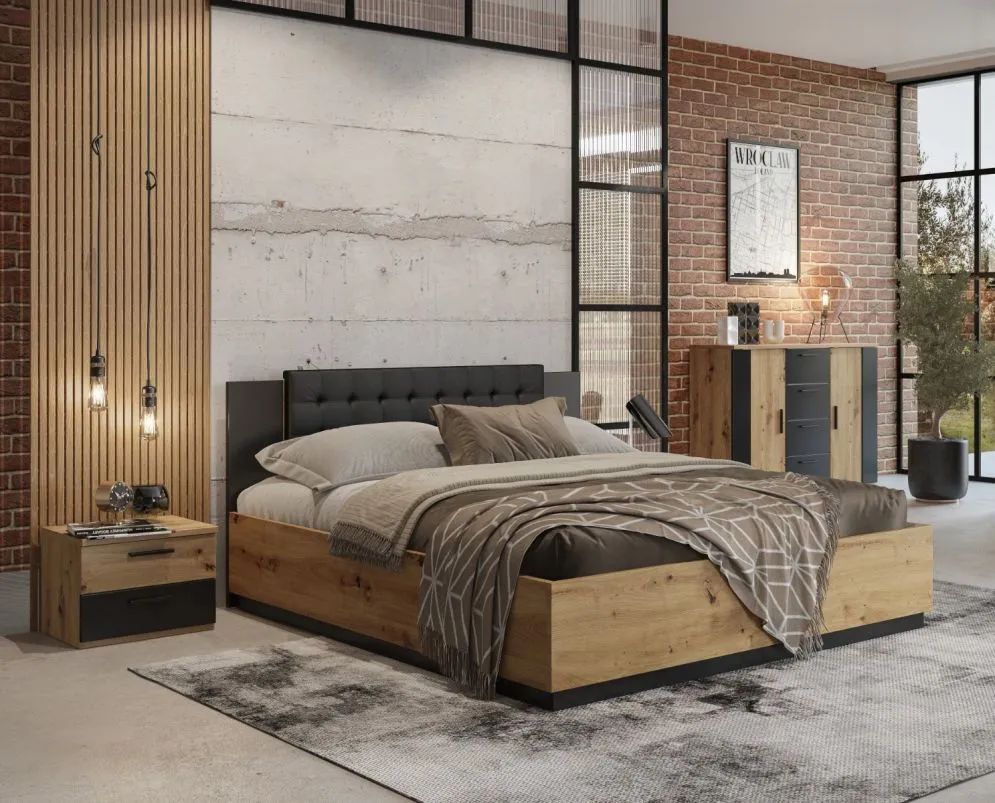 Łóżko SIGMA 160x200 dąb artisan/czarny mat z pojemnikiem I sklep meblowy MIRAT. styl LOFT, SKANDYNAWSKI