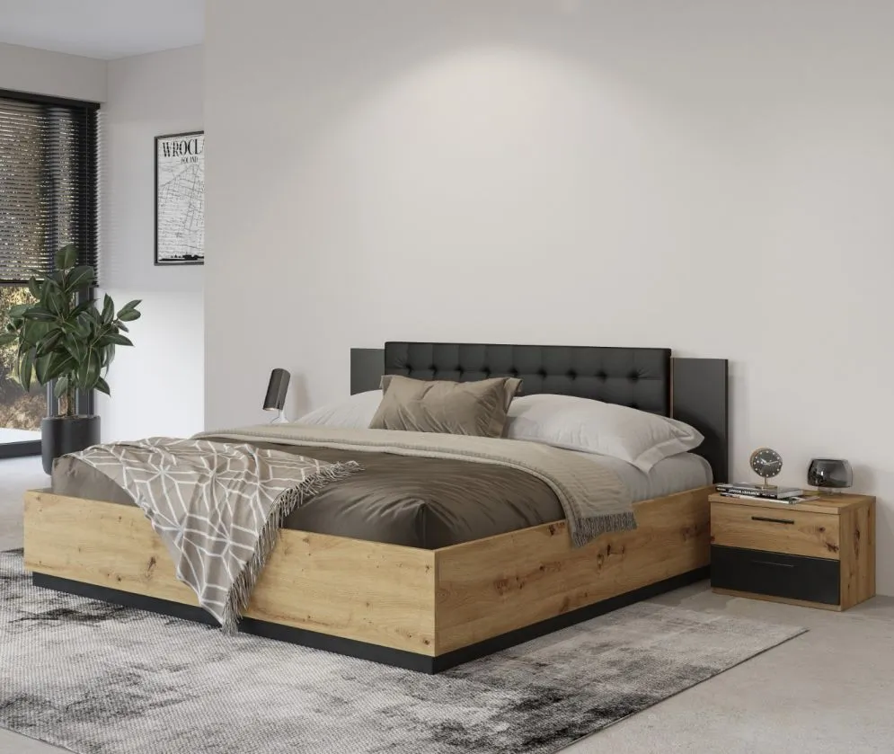 Łóżko SIGMA 140x200 dąb artisan/czarny mat z pojemnikiem I sklep meblowy MIRAT. styl LOFT, SKANDYNAWSKI