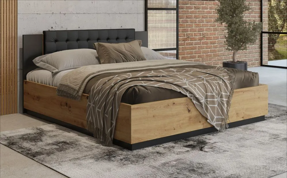 Łóżko SIGMA 160x200 dąb artisan/czarny mat z pojemnikiem I sklep meblowy MIRAT. styl LOFT, SKANDYNAWSKI