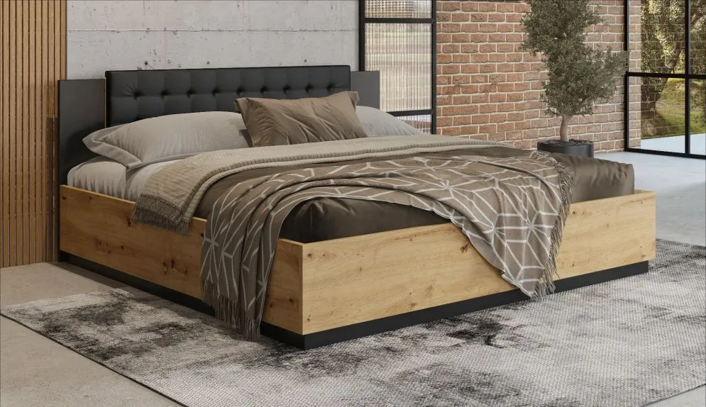 Łóżko SIGMA 180x200 dąb artisan/czarny mat z pojemnikiem I sklep meblowy MIRAT. styl LOFT, SKANDYNAWSKI
