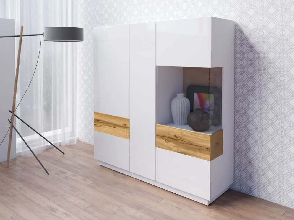 Witryna niska SILKE 3D 130cm biały połysk/dąb wotan szeroka I sklep meblowy MIRAT. styl SKANDYNAWSKI