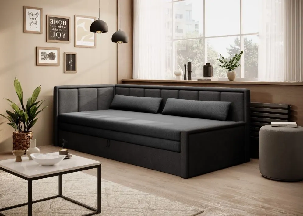 Welurowa sofa rozkładana z funkcją spania FULGEO czarna/szara lewa do salonu I sklep meblowy MIRAT.