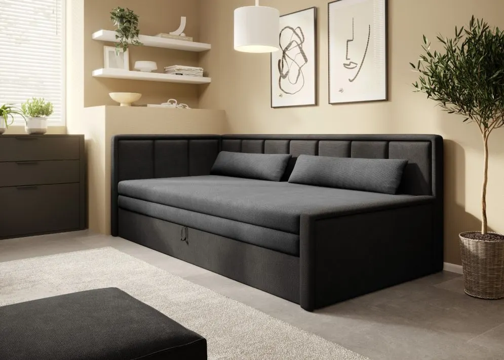 Welurowa sofa rozkładana z funkcją spania FULGEO czarna/szara lewa do salonu I sklep meblowy MIRAT.