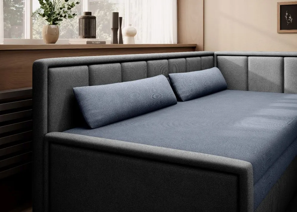Welurowa sofa rozkładana z funkcją spania FULGEO szara/granatowa prawa I sklep meblowy MIRAT.