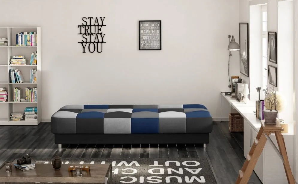 Sofa rozkładana z funkcją spania CAYO VELVET czarna/szara/żółta z pojemnikiem | MIRAT.