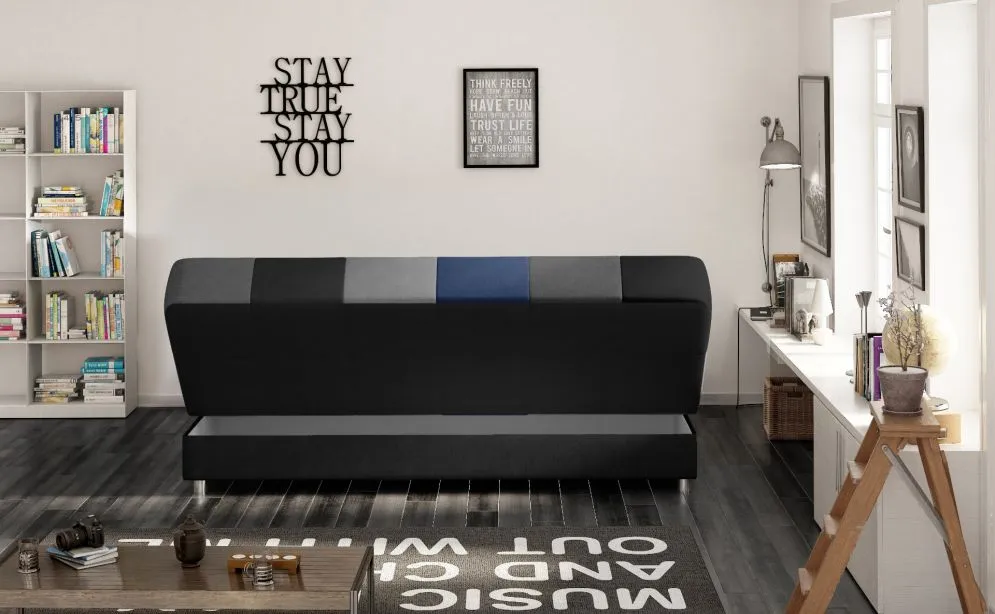 Sofa rozkładana z funkcją spania CAYO VELVET czarna/szara/żółta z pojemnikiem | MIRAT.