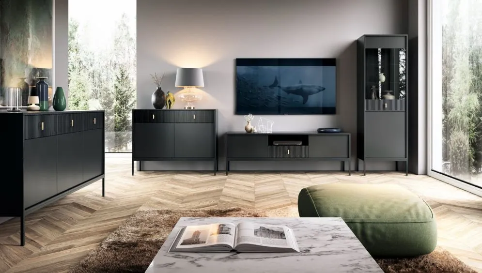 Szafka RTV MAGGIORE 154 czarna mat loft I sklep meblowy MIRAT. styl GLAMOUR, LOFT, RYFLOWANY kolekcja MAGGIORE