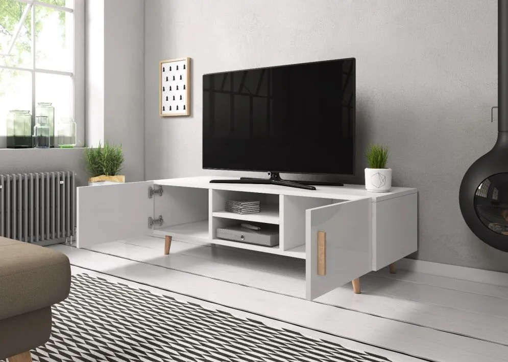Szafka RTV SWEDEN 2 biały mat/biały połysk do salonu | MIRAT. styl SKANDYNAWSKI