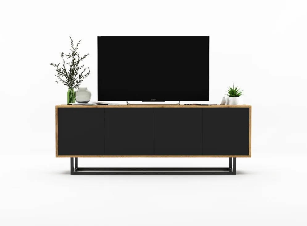 Szafka RTV NILA 3 150 dąb wotan/czarna mat z półkami | MIRAT. styl LOFT kolekcja NILA