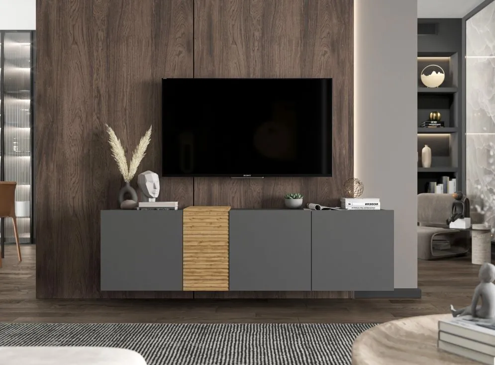 Szafka RTV NAVA 1 160 grafit mat/dąb artisan wisząca | MIRAT. styl LOFT