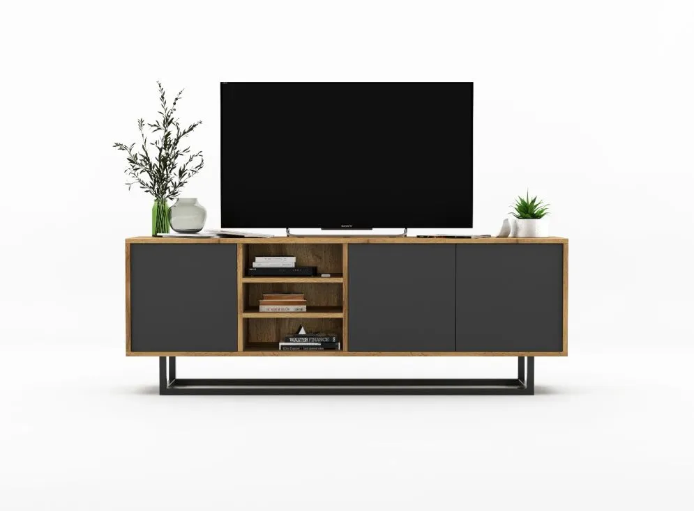 Szafka RTV NILA 1 150 dąb wotan/grafit mat z półkami | MIRAT. styl LOFT kolekcja NILA