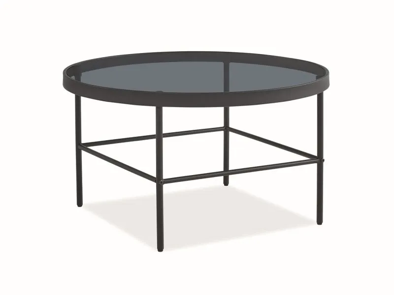 Szara ława szklana z metalową podstawą w stylu loft VANESSA