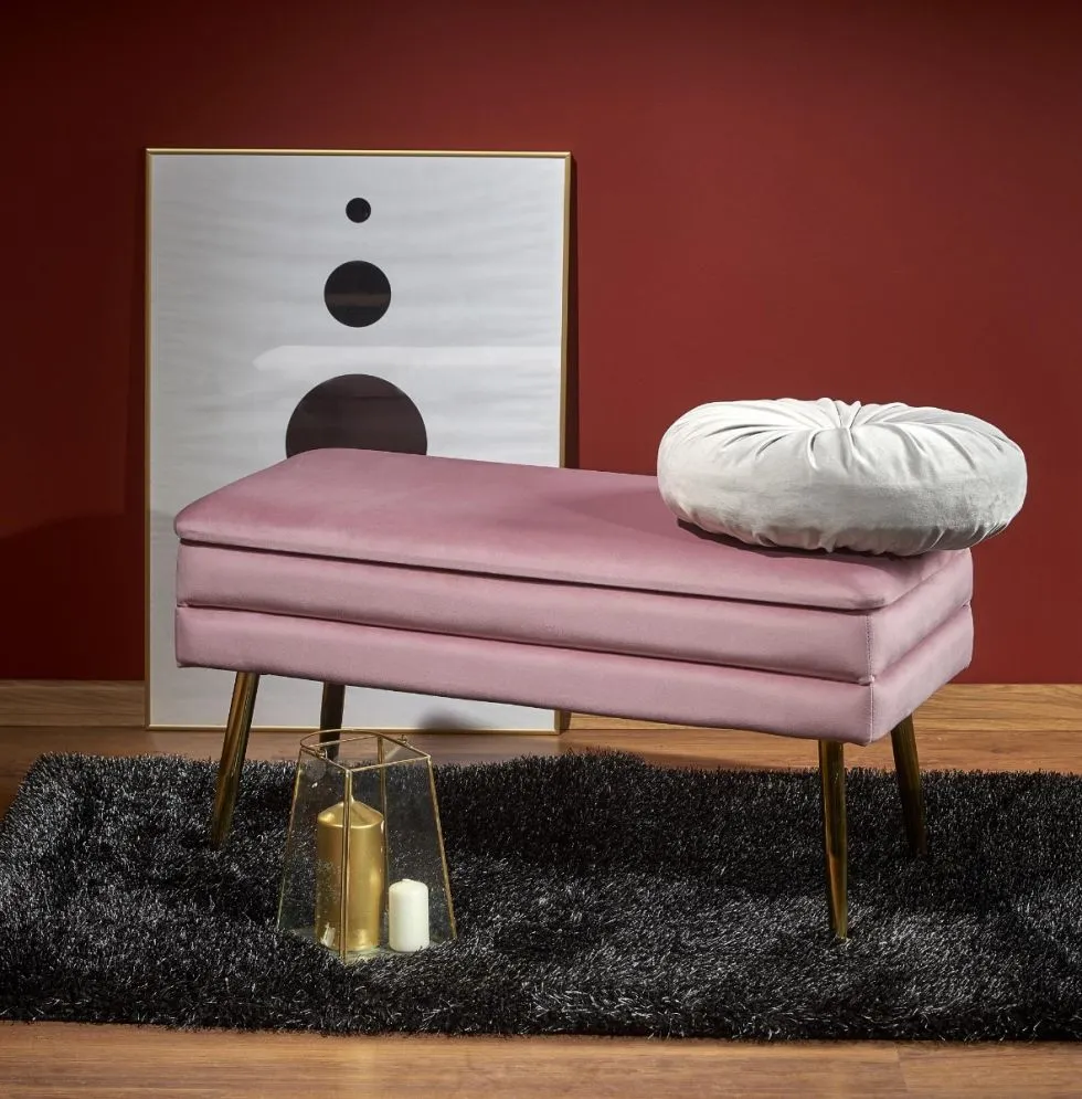 Ławka VELVA VELVET różowa ze złotymi nogami | MIRAT. styl GLAMOUR