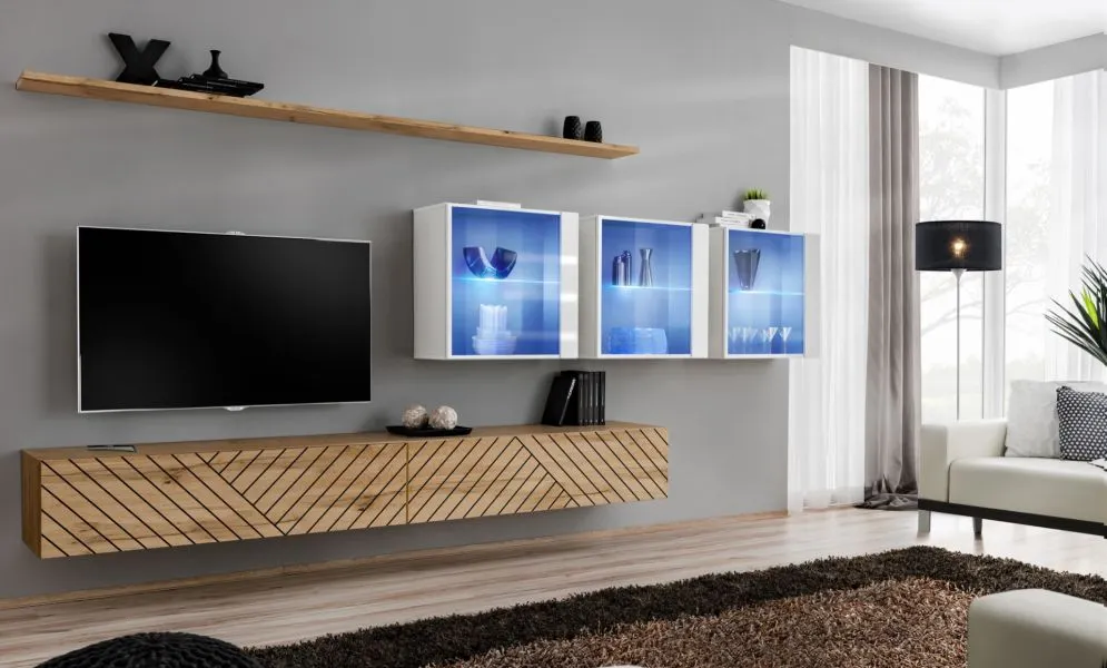 Meblościanka SWITCH LAMEL XVII dąb wotan/biała z oświetleniem LED I sklep meblowy MIRAT. styl RYFLOWANY