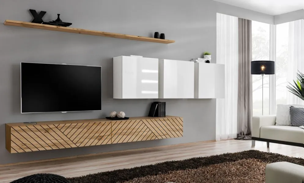 Meblościanka SWITCH LAMEL VII dąb wotan/biała wisząca I sklep meblowy MIRAT. styl RYFLOWANY