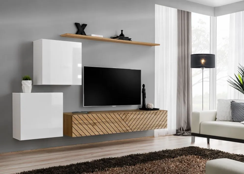 Meblościanka SWITCH LAMEL V biała/dąb wotan designerska I sklep meblowy MIRAT. styl RYFLOWANY