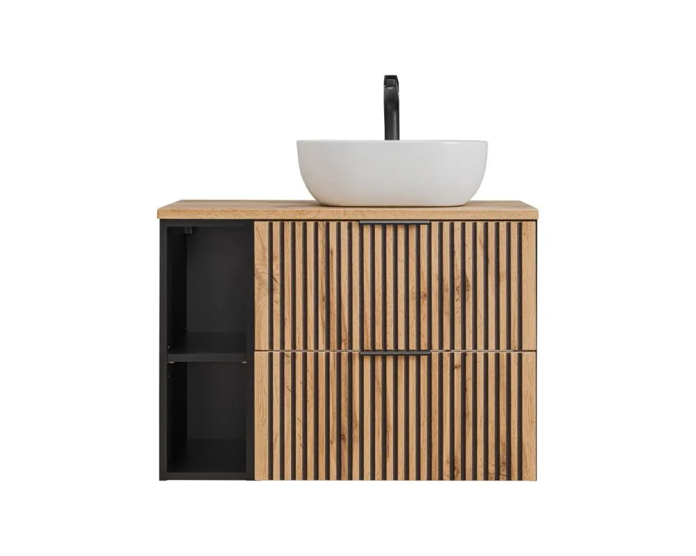 Szafka pod umywalkę XILO BLACK WOTAN 82 60cm czarna/dąb + regał - zestaw z blatem ryflowane fronty I sklep meblowy MIRAT. styl LOFT, RYFLOWANY kolekcja XILO
