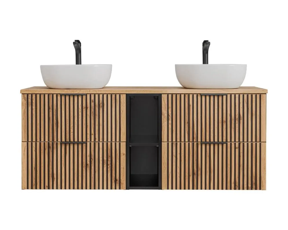 Wisząca szafka pod umywalkę nablatową XILO BLACK WOTAN 82 czarna/dąb x2 + regał - zestaw 140 cm z blatem  I sklep meblowy MIRAT. styl LOFT, RYFLOWANY kolekcja XILO