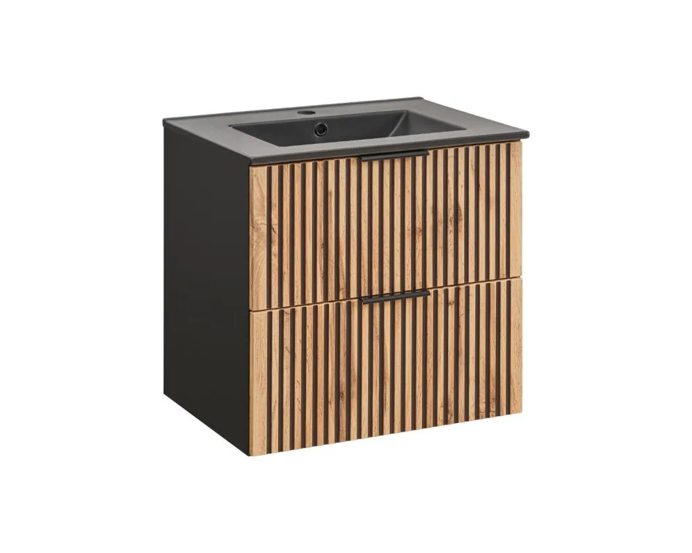 Szafka pod umywalkę BLACK WOTAN 82 60cm czarna/dąb ryflowane fronty I sklep meblowy MIRAT. styl LOFT, RYFLOWANY