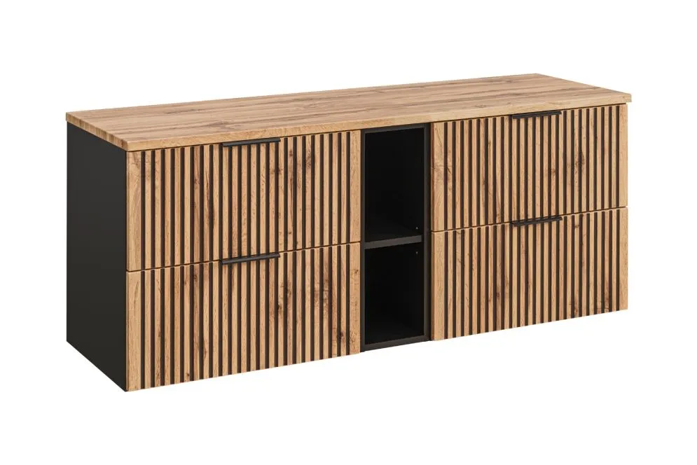 Wisząca szafka pod umywalkę nablatową XILO BLACK WOTAN 82 czarna/dąb x2 + regał - zestaw 140 cm z blatem  I sklep meblowy MIRAT. styl LOFT, RYFLOWANY kolekcja XILO