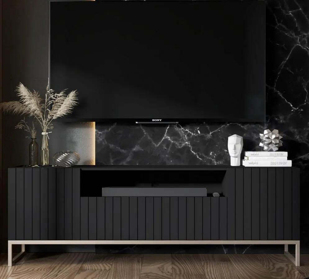 Szafka RTV TAL 2D1K 150cm czarna mat loftowa I sklep meblowy MIRAT. styl GLAMOUR, LOFT, RYFLOWANY kolekcja TAL