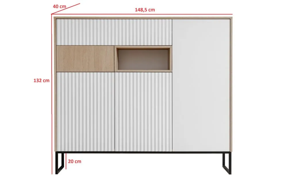 Komoda ZOE 3D2S jodełka scandi/biały mat z bezuchwytowym systemem otwierania I sklep meblowy MIRAT. styl RYFLOWANY, SKANDYNAWSKI
