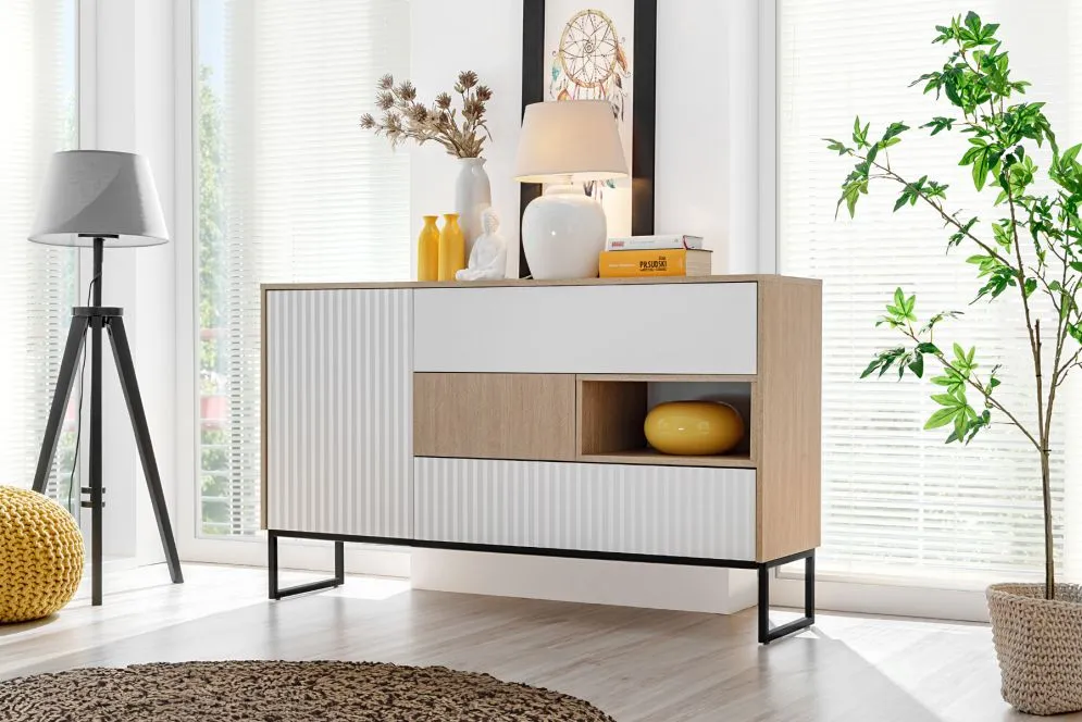 Komoda ZOE 1D3S jodełka scandi/biały mat trzyszufladowa I sklep meblowy MIRAT. styl RYFLOWANY, SKANDYNAWSKI