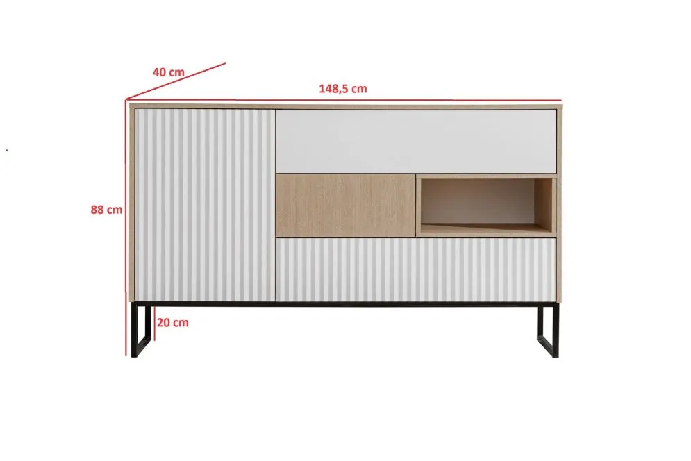 Komoda ZOE 1D3S jodełka scandi/biały mat trzyszufladowa I sklep meblowy MIRAT. styl RYFLOWANY, SKANDYNAWSKI