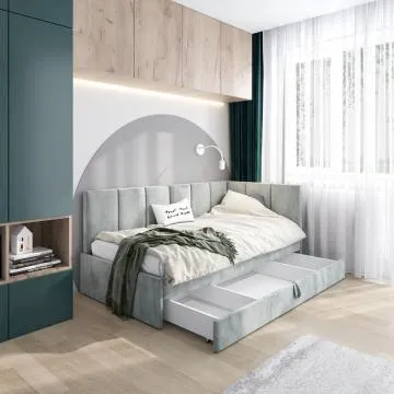 Łóżko młodzieżowe AURA 2 90x200 jasno szare z tapicerowanym panelem L i szufladą