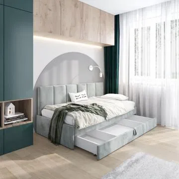 Łóżko młodzieżowe SORA 2 90x200 jasne szare z tapicerowanym panelem i szufladą