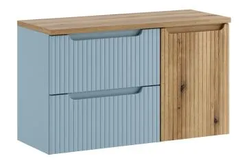 Szafka pod umywalkę nablatową NOVA DENIM 2S 60cm niebieska/dąb - zestaw 100cm z koszem na pranie i blatem 